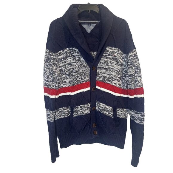 Tommy Hilfiger Men’s Cardigan Cable-Knit Sweater Pockets Sz L Grandpa Patriotic - Picture 1 of 12